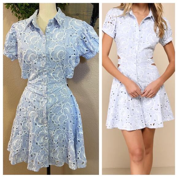 Lulus Dresses & Skirts - NWOT Lulus Perfectly Angelic Light Blue Embroidered Floral Mini Dress